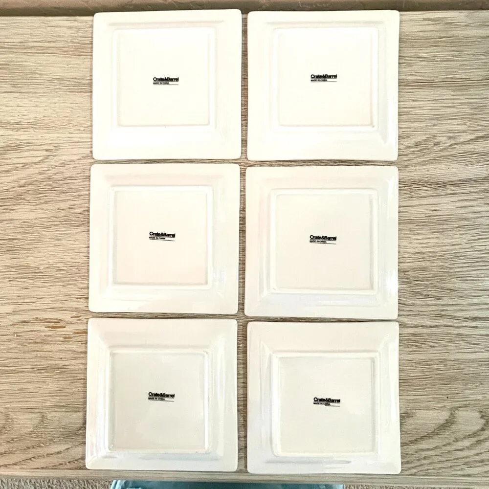 Crate & Barrel Set of 6 Appetizer Plates White Square Porcelain Ceramic Snacks